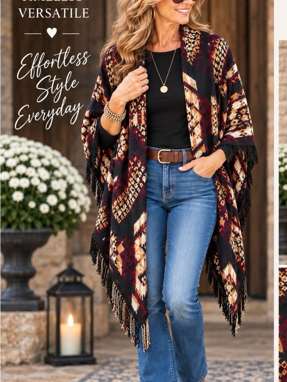 Fringed Aztec Poncho Cape in Black & Burgundy